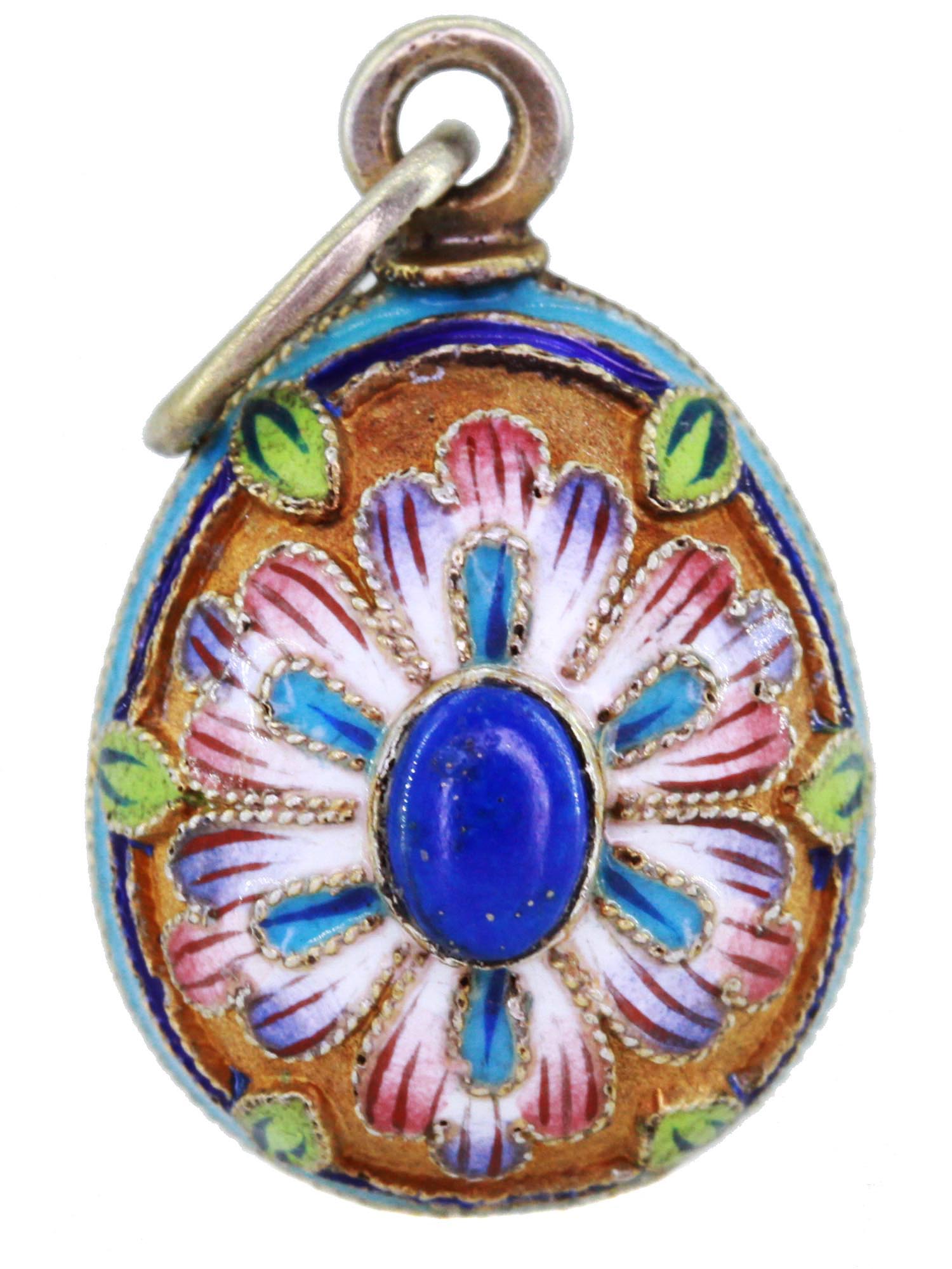 RUSSIAN SILVER GILT ENAMEL LAZULI EGG PENDANT PIC-0